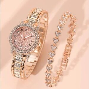 Rose Gold Rhinestone Watch and Bracelet Set